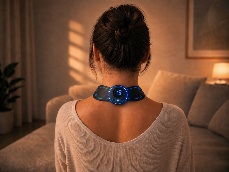 NeckFlow EMS Relax Pad utilizzato durante una routine di relax a casa
